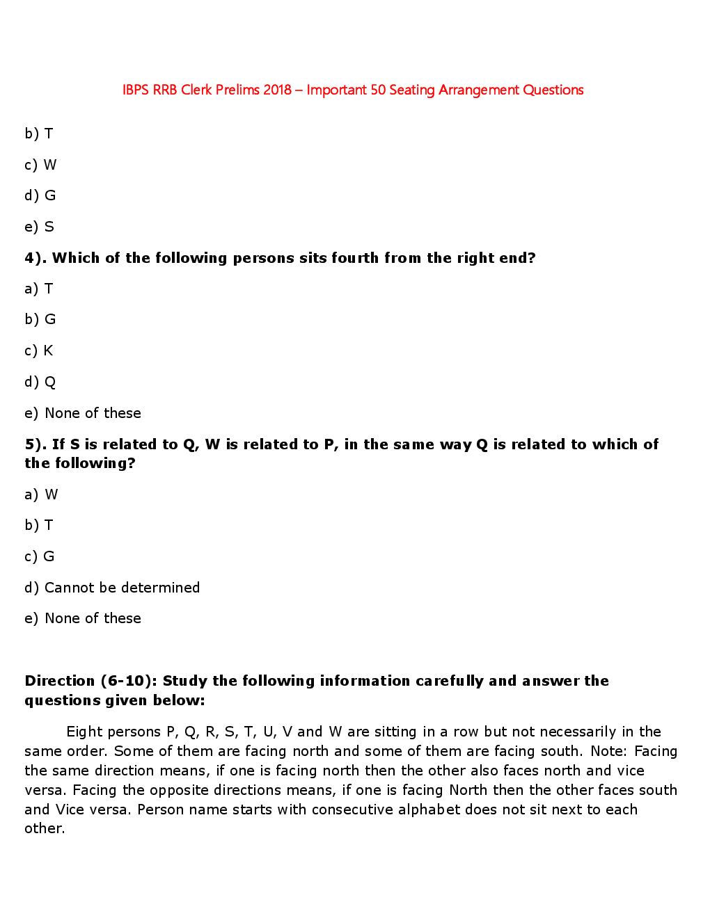 MCQs IBPS Clerk Reasoning (Seating Arrangement-I) - Page 3