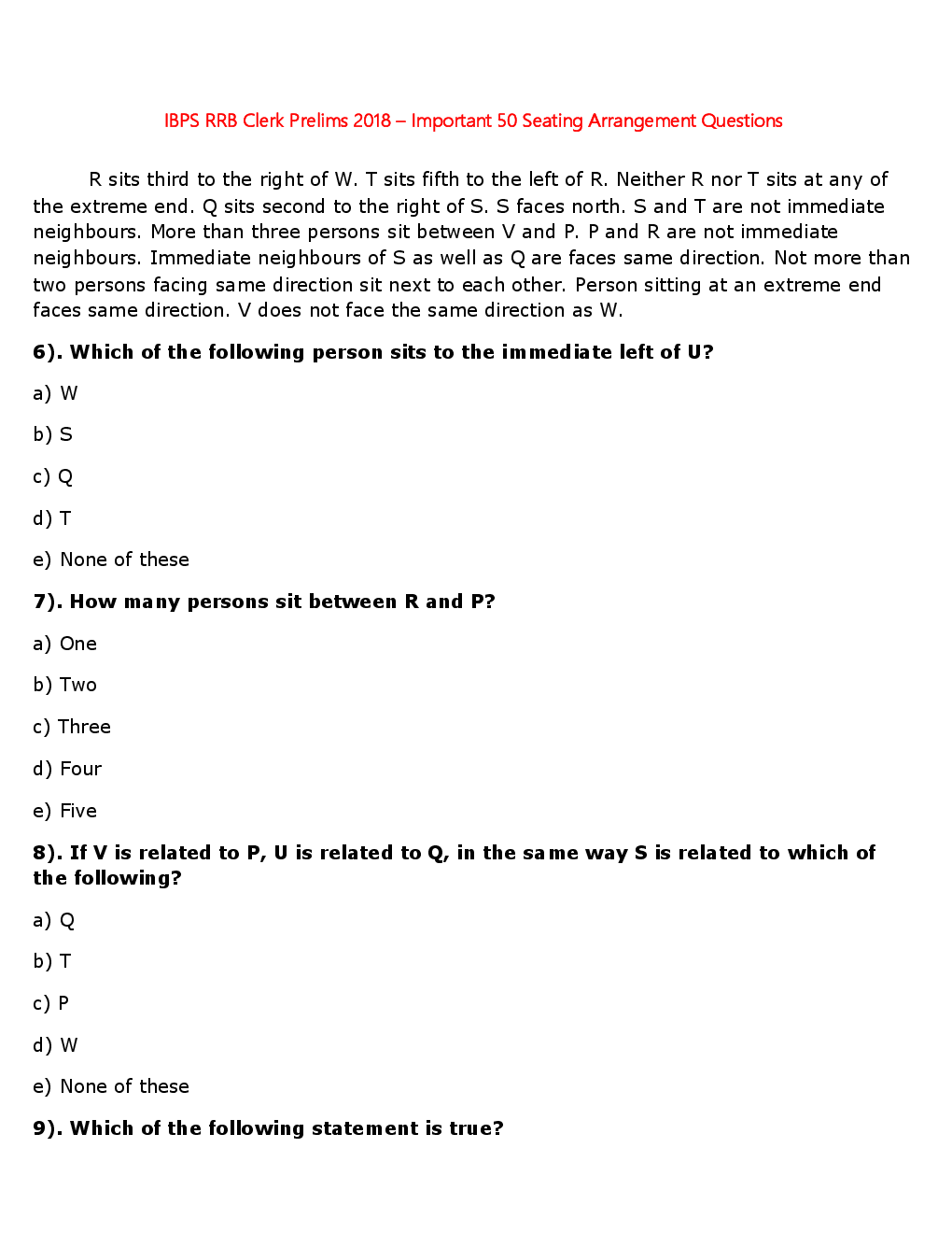 MCQs IBPS Clerk Reasoning (Seating Arrangement-I) - Page 4