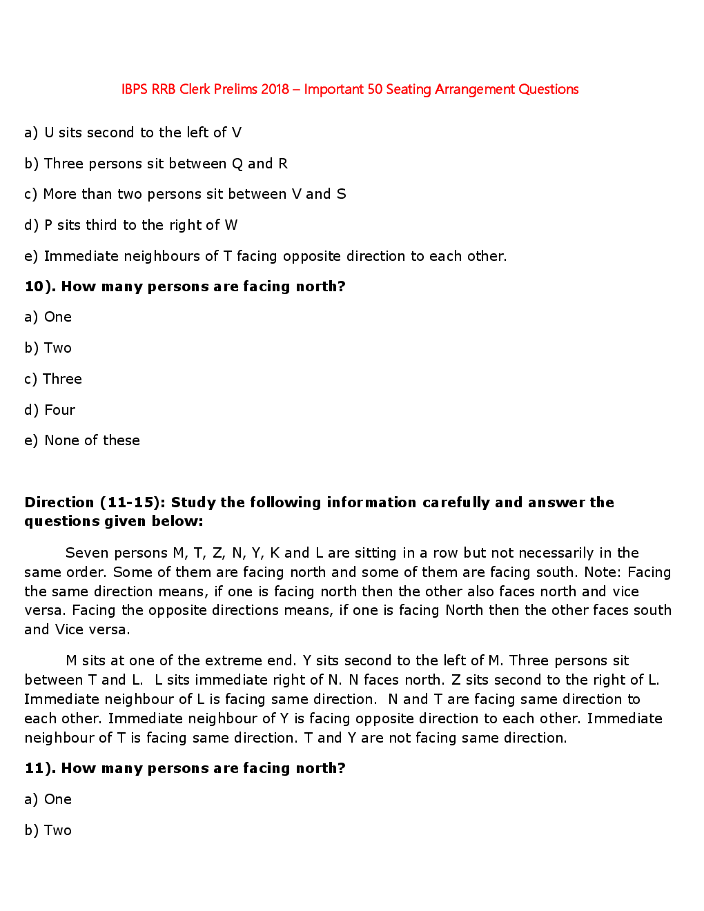 MCQs IBPS Clerk Reasoning (Seating Arrangement-I) - Page 5
