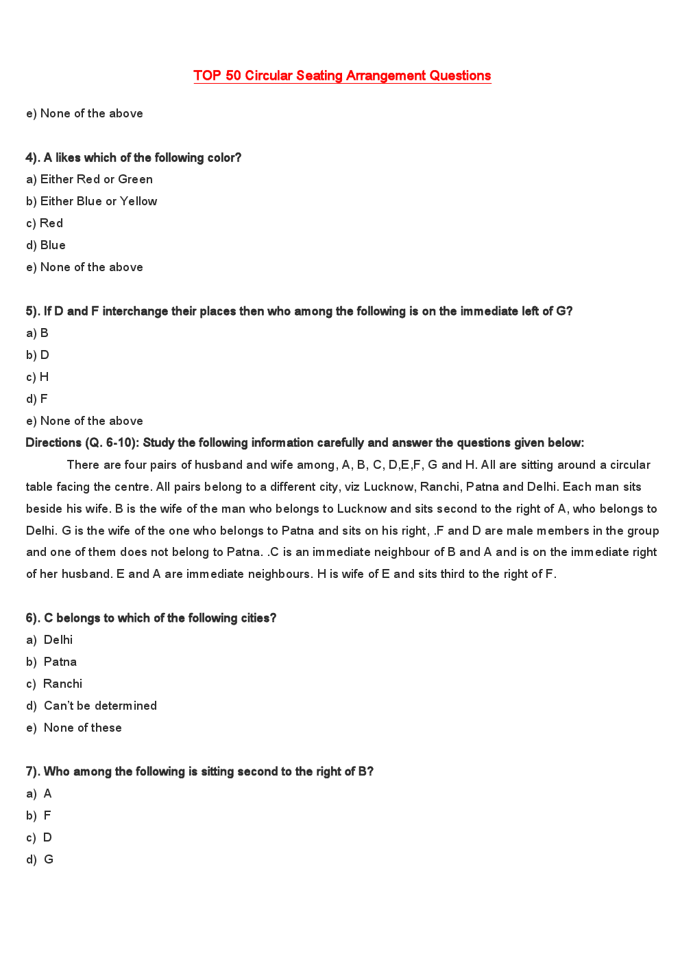 MCQs IBPS Clerk Reasoning (Seating Arrangement-III) - Page 3
