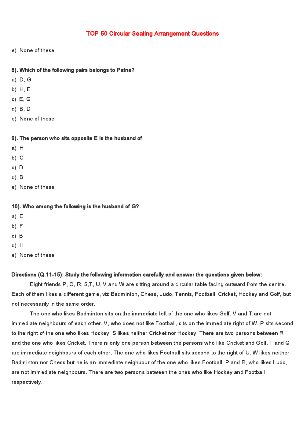 MCQs IBPS Clerk Reasoning (Seating Arrangement-III) - Page 4