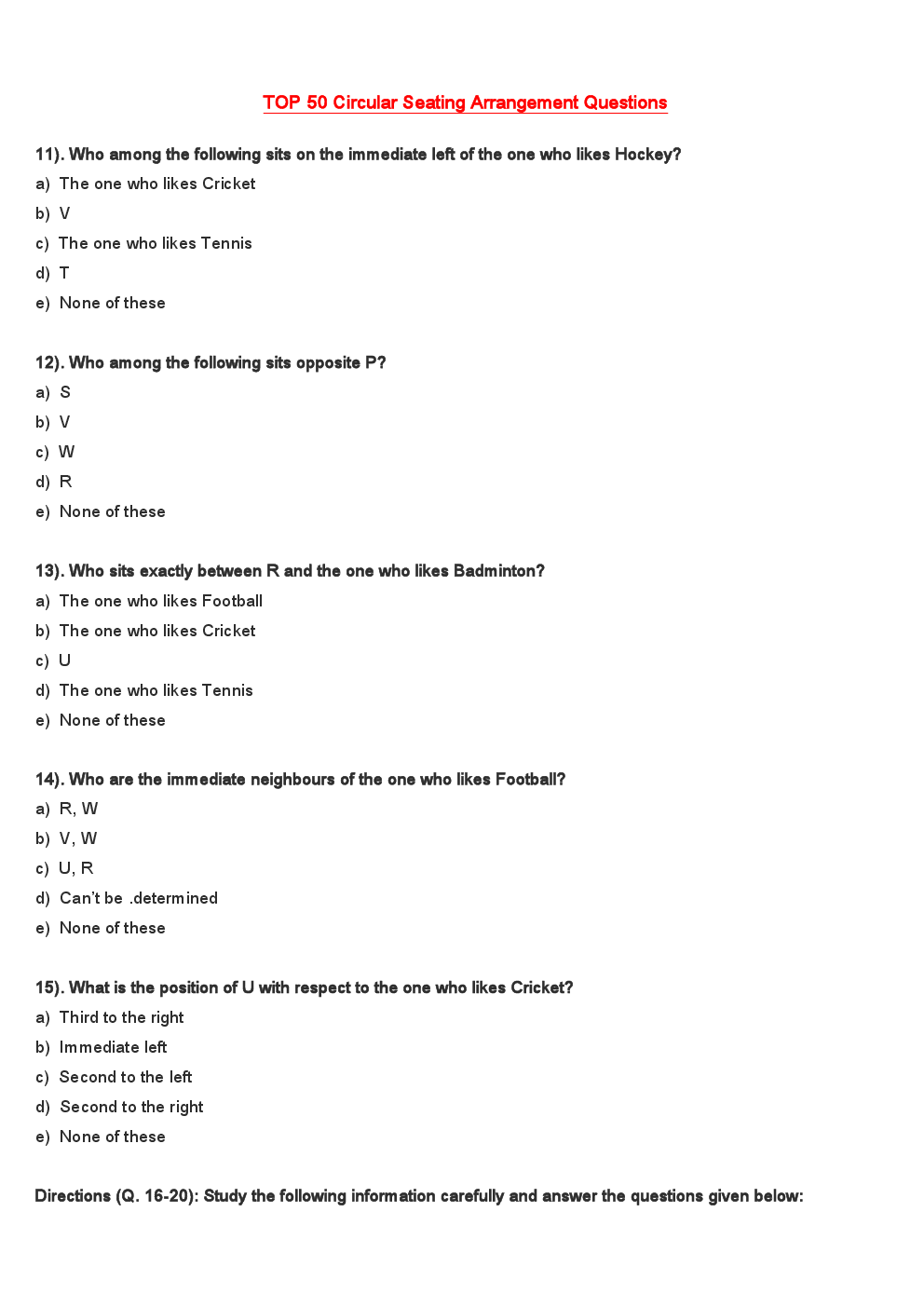 MCQs IBPS Clerk Reasoning (Seating Arrangement-III) - Page 5