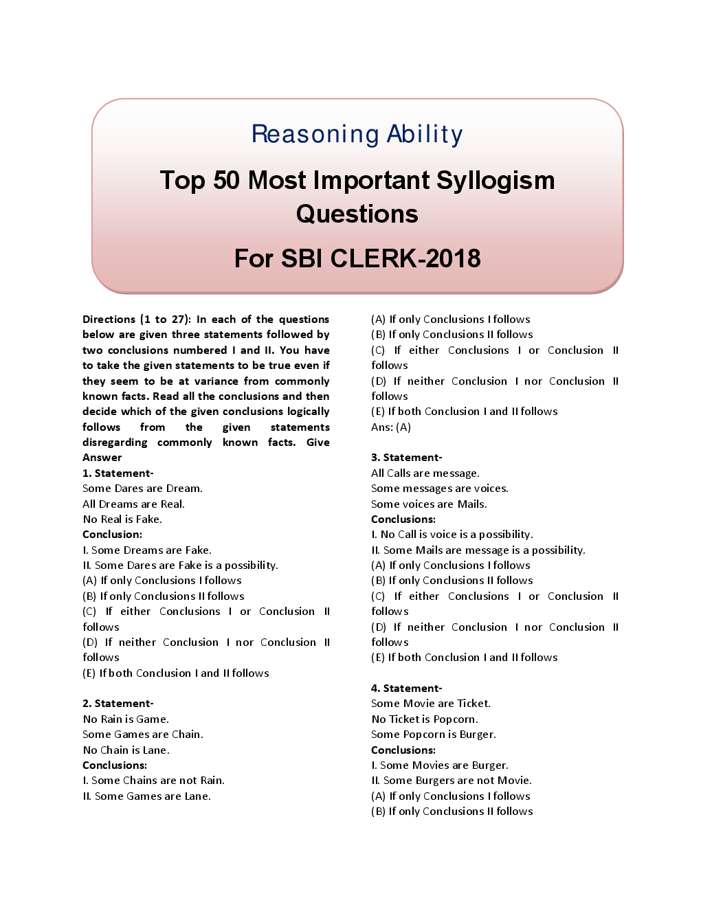MCQs IBPS Clerk Reasoning (Syllogism) - Page 2