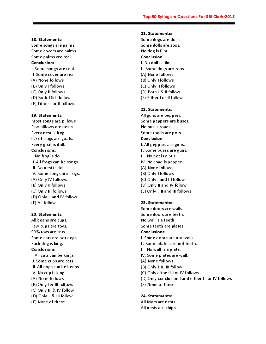 MCQs IBPS Clerk Reasoning (Syllogism) - Page 5