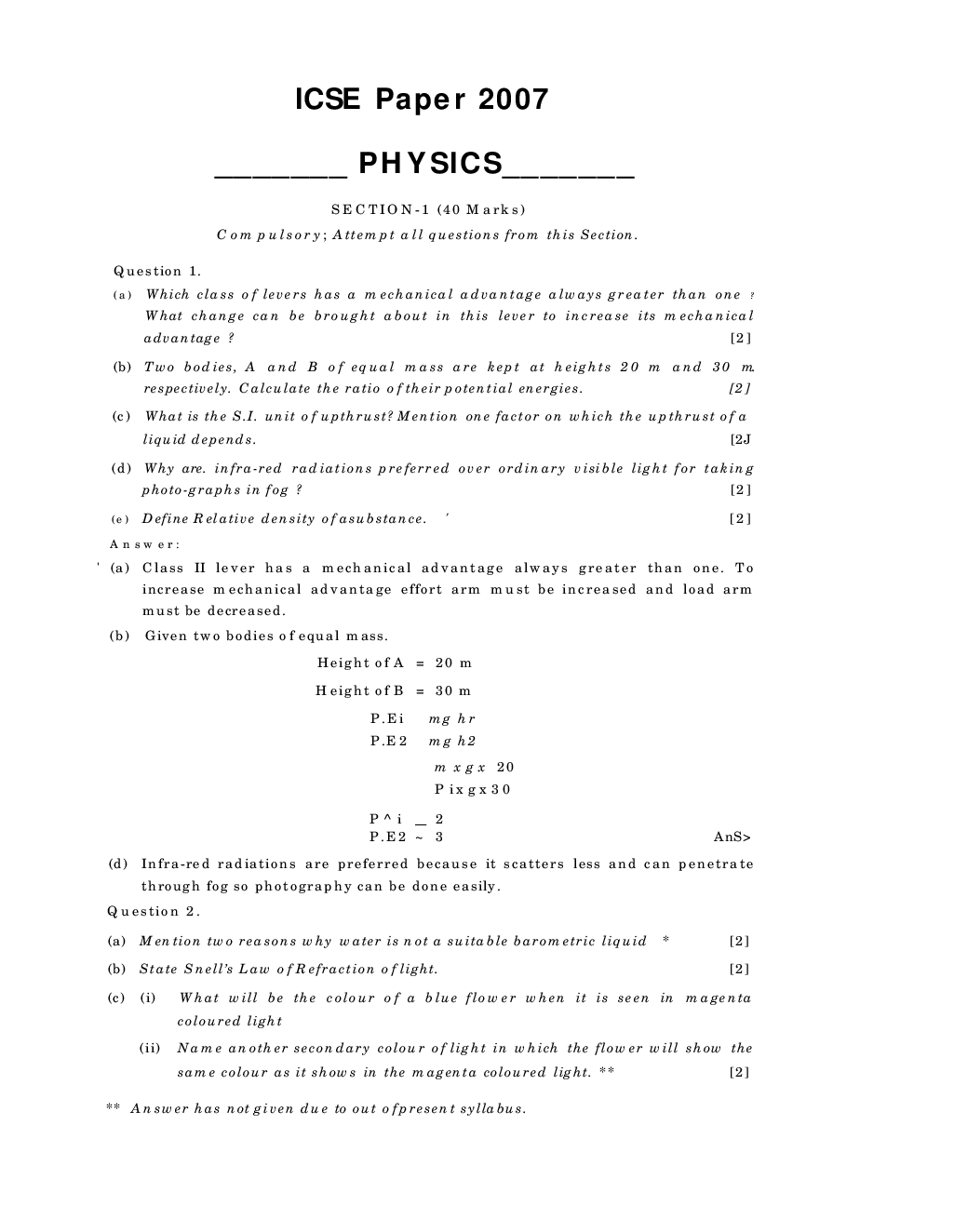 ICSE Previous Year Question Paper Physics (2007-2014) For Class-10 - Page 2