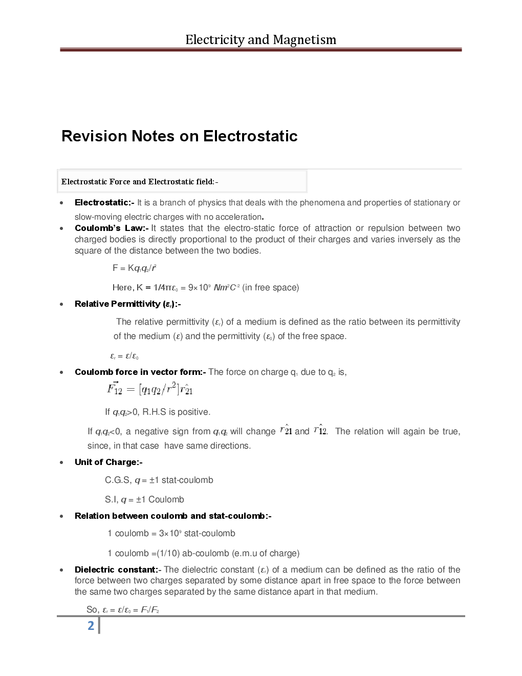 Physics - Electricity And Magnetism - Revision Notes & Solved Examples - Page 3