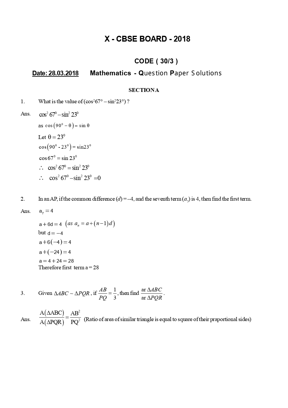 CBSE Maths Question Papers With Solutions For Class X (2017 & 2018) - Page 2
