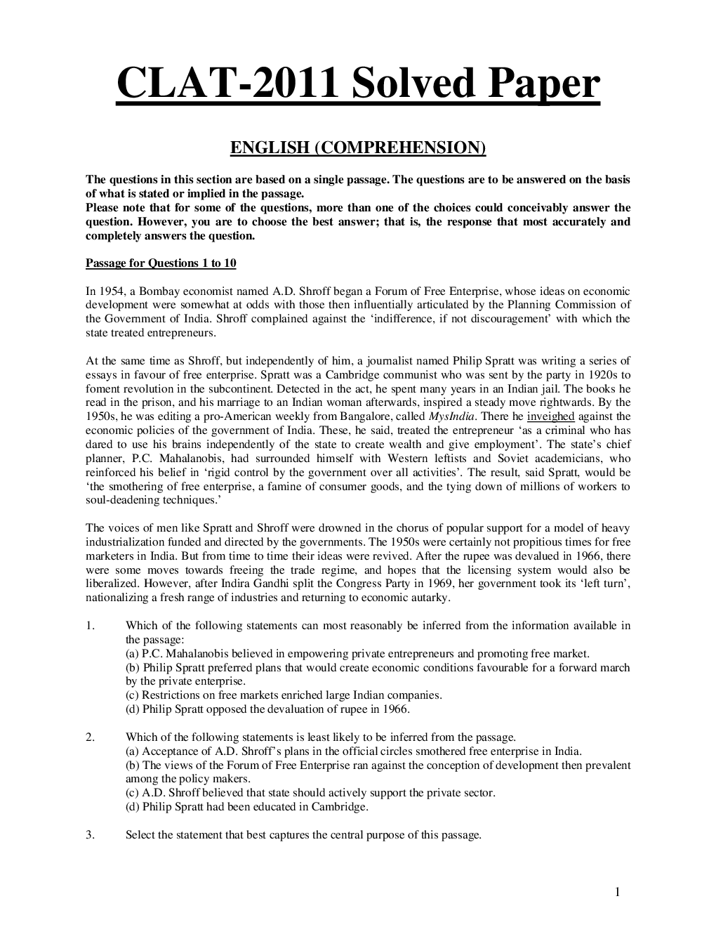 CLAT Question Paper With Answer 2011 - Page 2