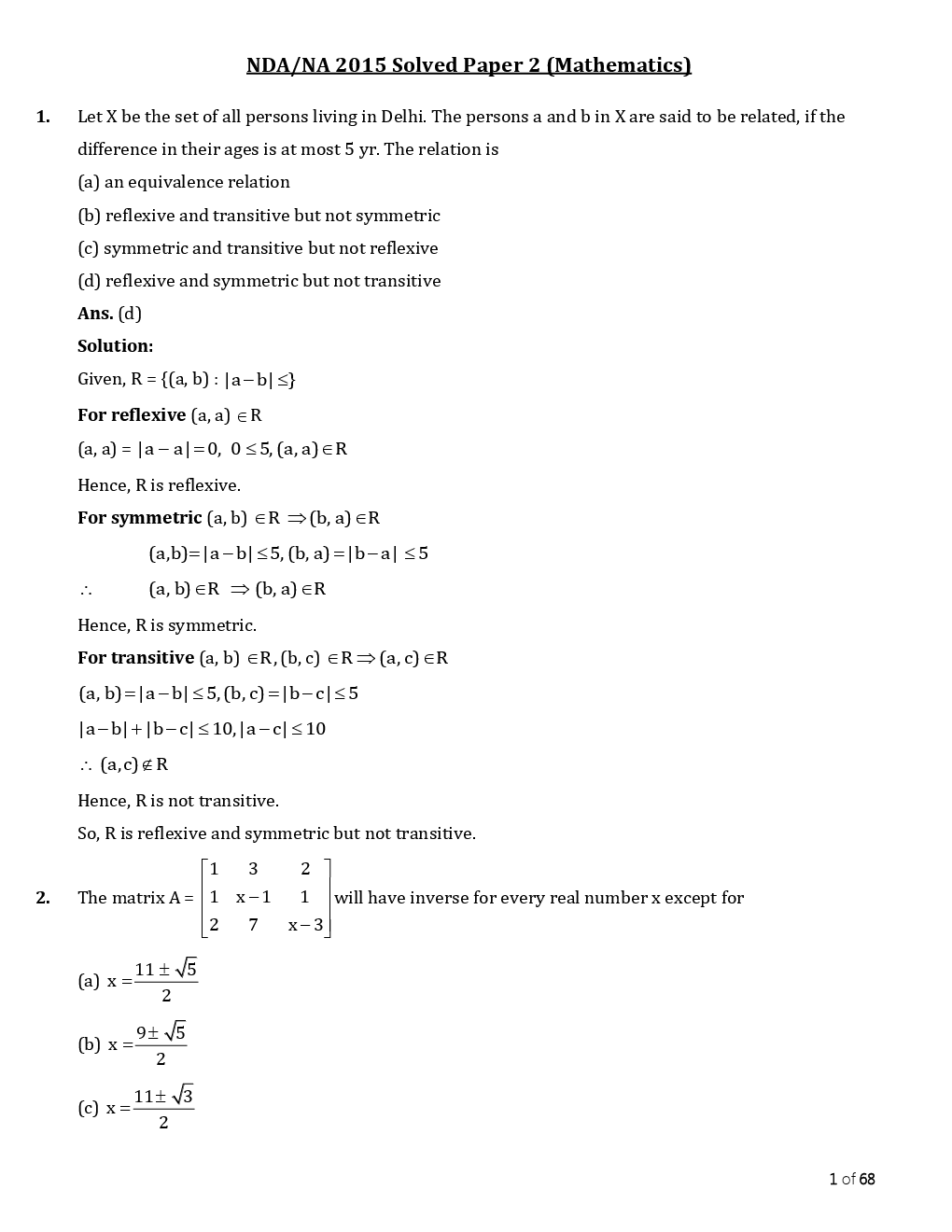 NDA-II Mathematics Question Paper With Solutions (2015) - Page 2