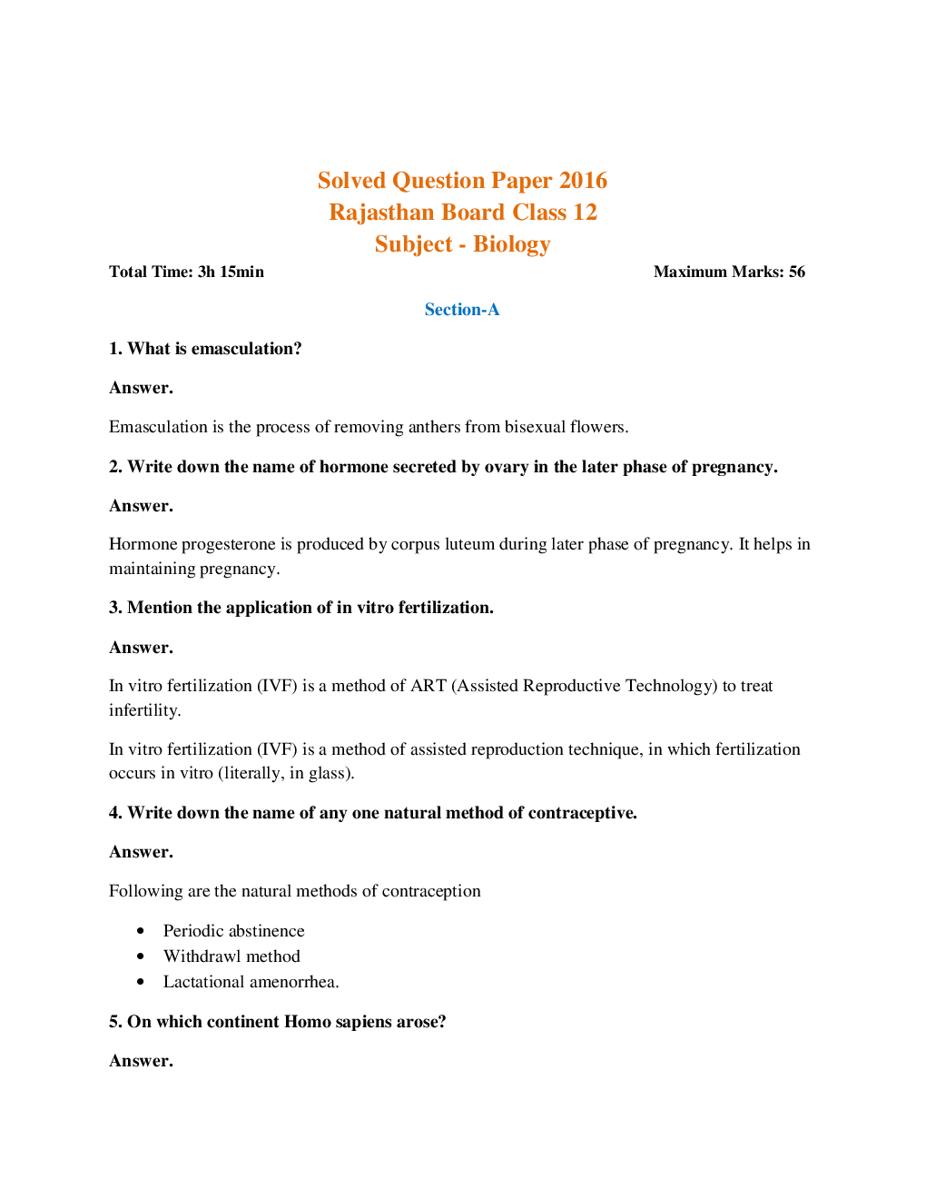 Rajasthan Board Class 12 Biology Solved Paper 2016 - Page 2