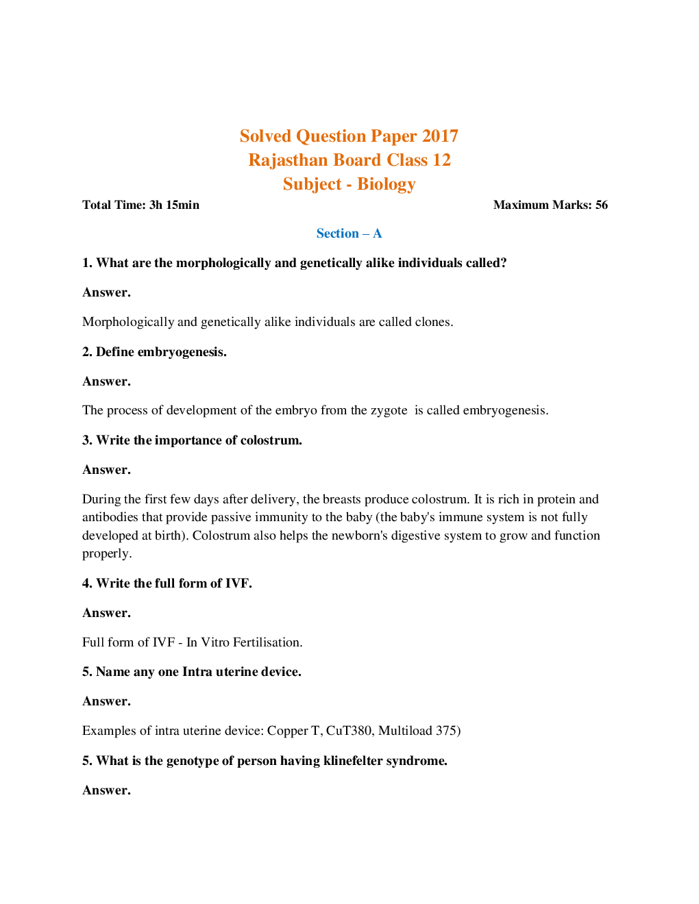 Rajasthan Board Class 12 Biology Solved Paper 2017 - Page 2