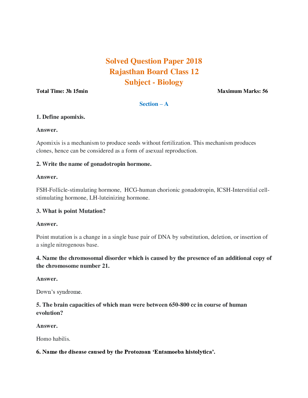 Rajasthan Board Class 12 Biology Solved Paper 2018 - Page 2