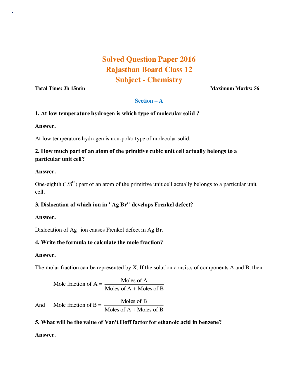 Rajasthan Board Class 12 Chemistry Solved Paper 2016 - Page 2