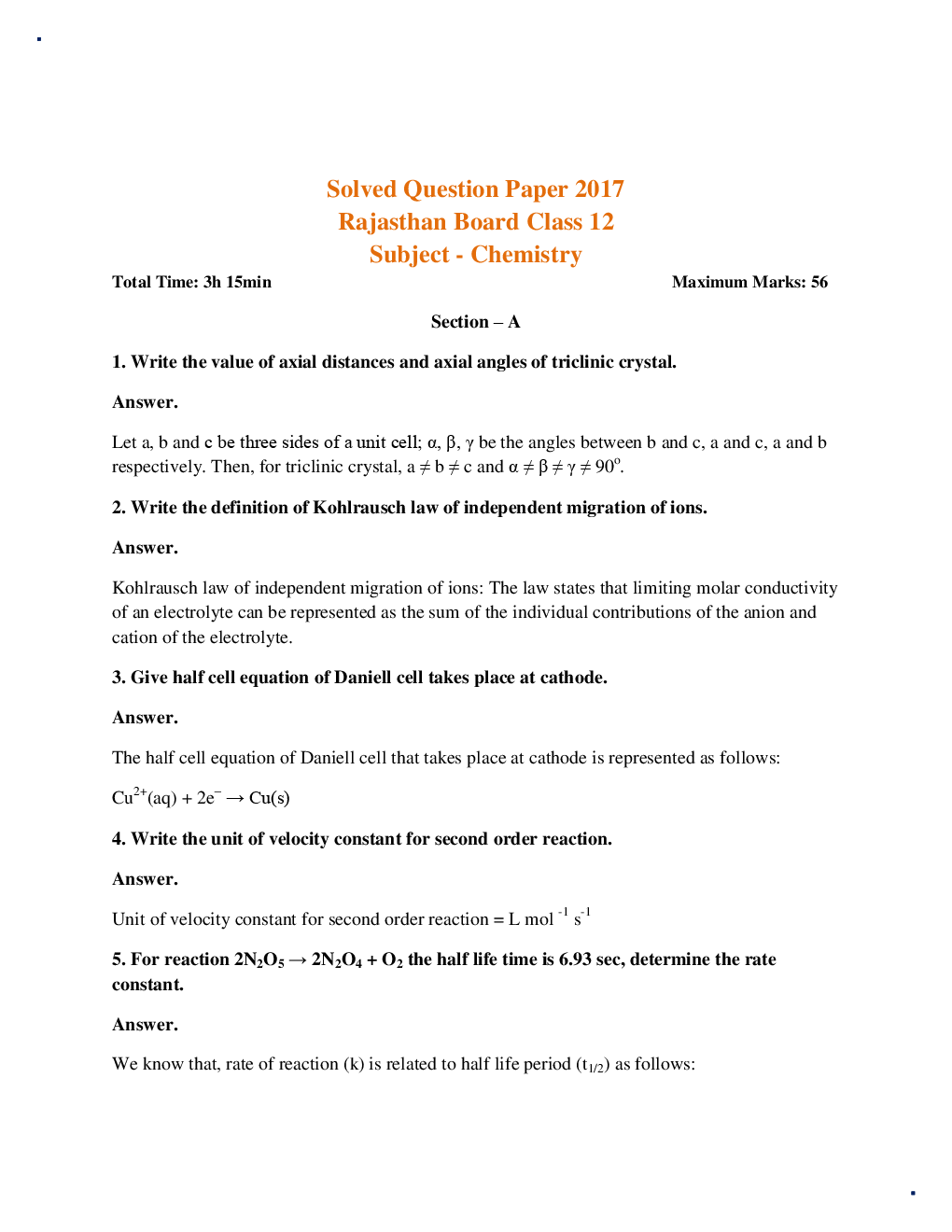 Rajasthan Board Class 12 Chemistry Solved Paper 2017 - Page 2