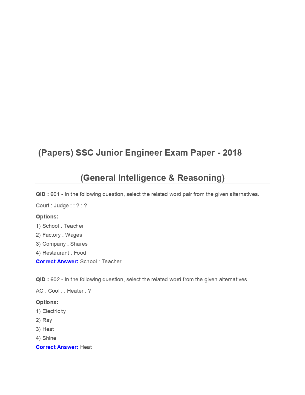 SSC Junior Engineer General Intelligence And Reasoning 2018 Paper-4 - Page 2