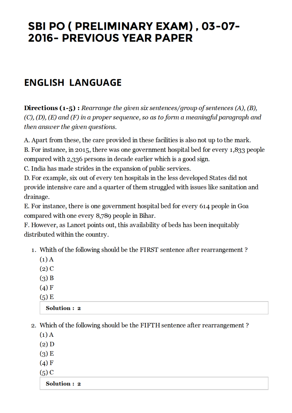 SBI PO Pre Previous Year Paper With Answer 2016 - Page 2