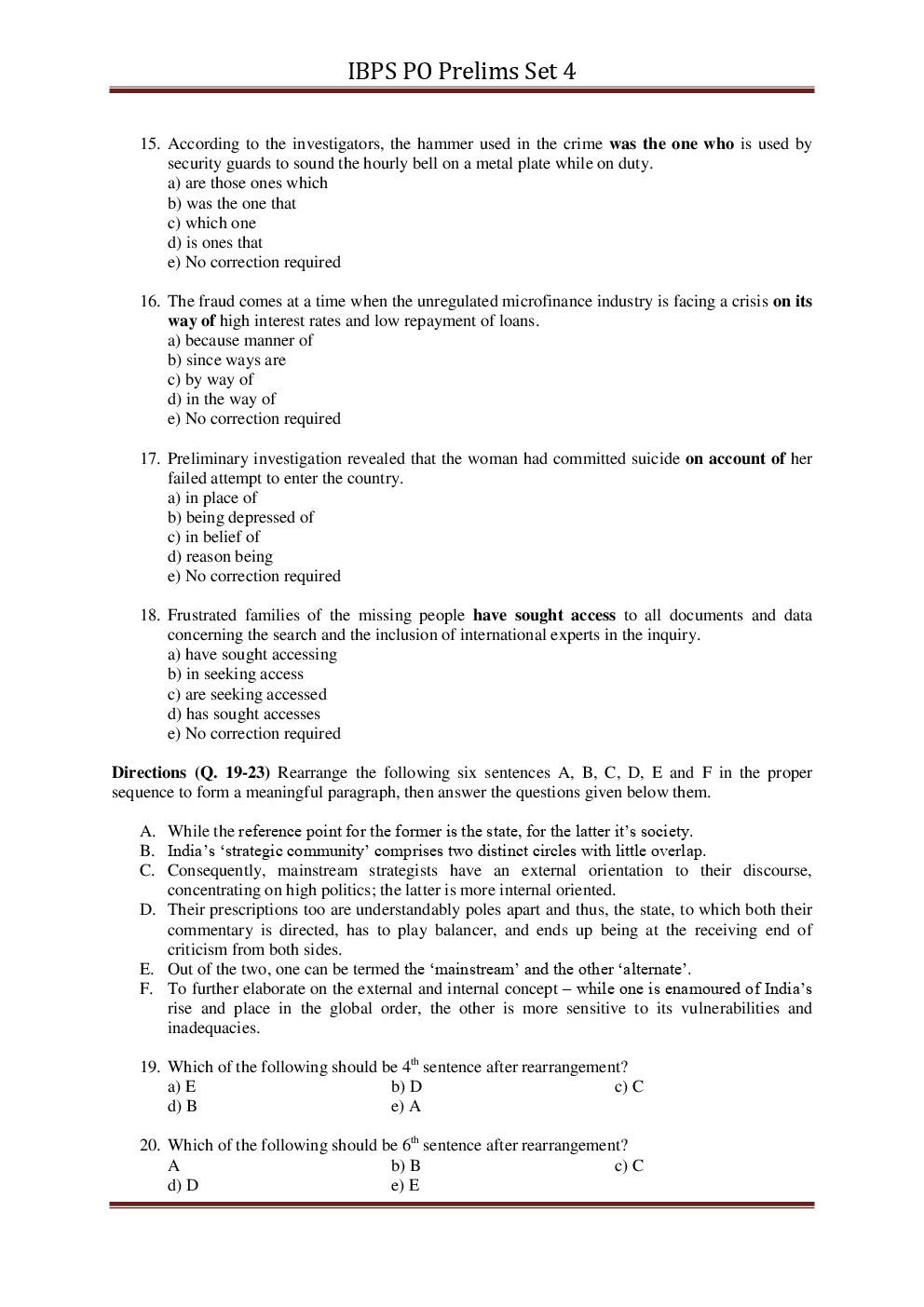 IBPS PO Pre Previous Year Paper With Answer Set-4 - Page 5