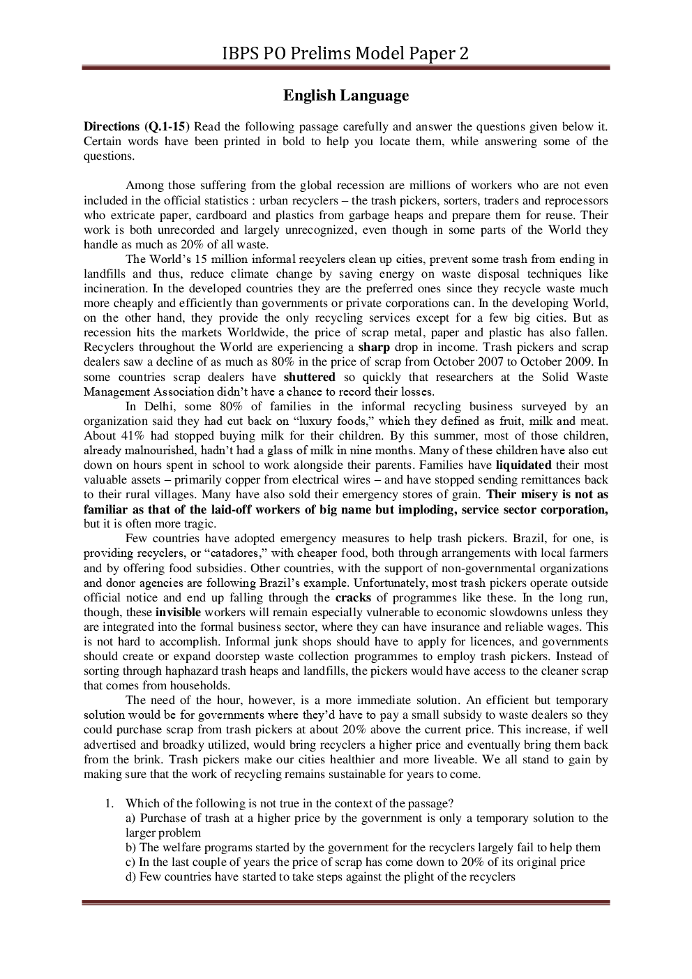 IBPS PO Pre Previous Year Paper With Answer Set-3 - Page 2