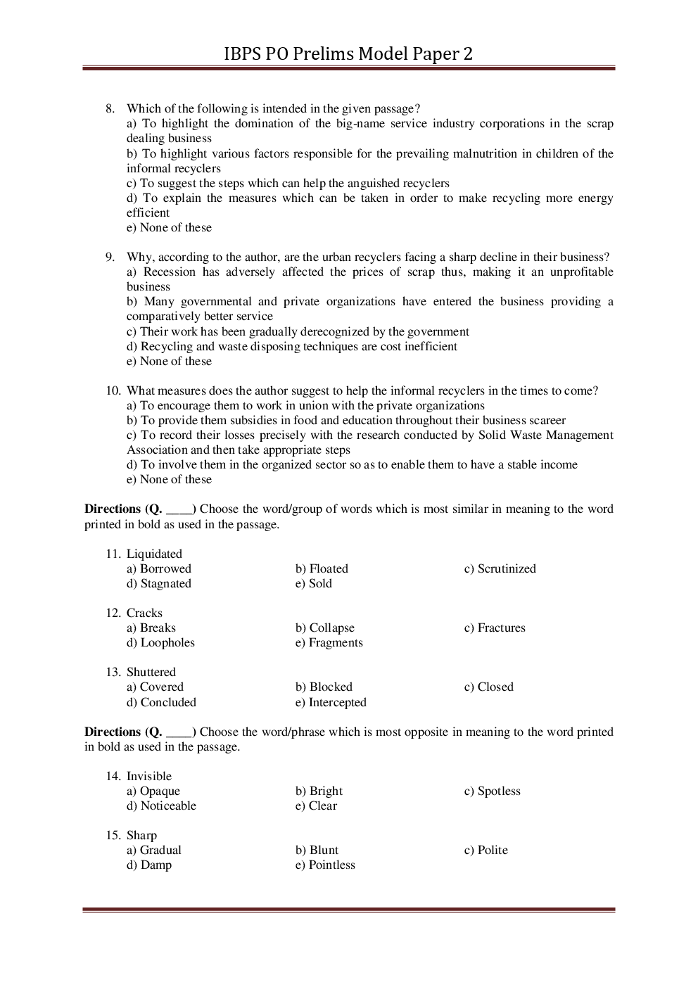 IBPS PO Pre Previous Year Paper With Answer Set-3 - Page 4