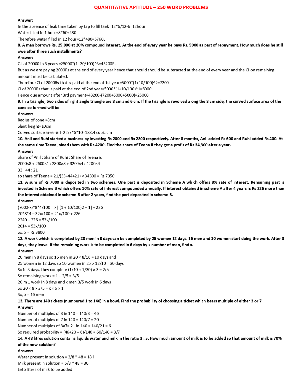 MCQs Quantitative Aptitude (250 Word Problems) With Solutions For LIC Exam - Page 3