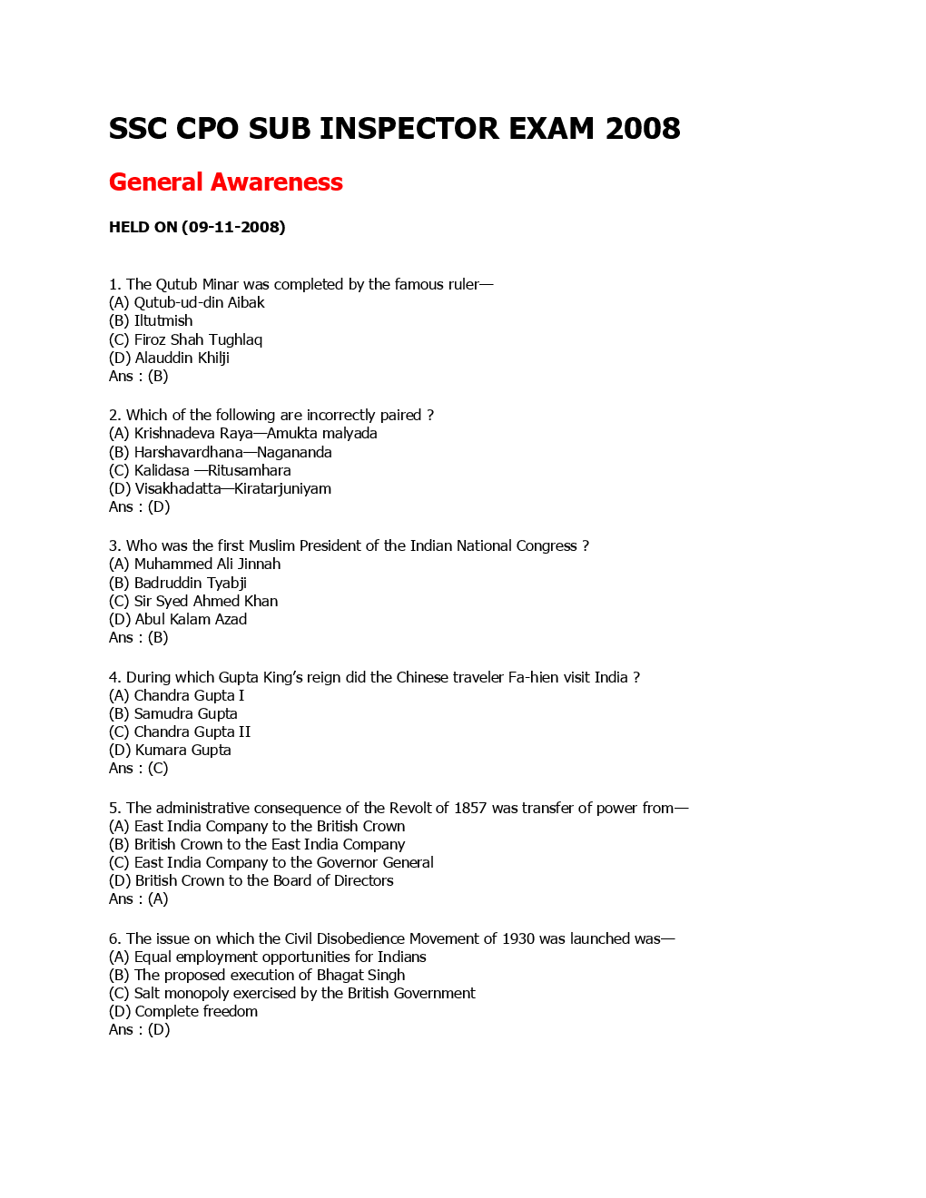 SSC SI (General Awareness) Solved Paper 2008 - Page 2