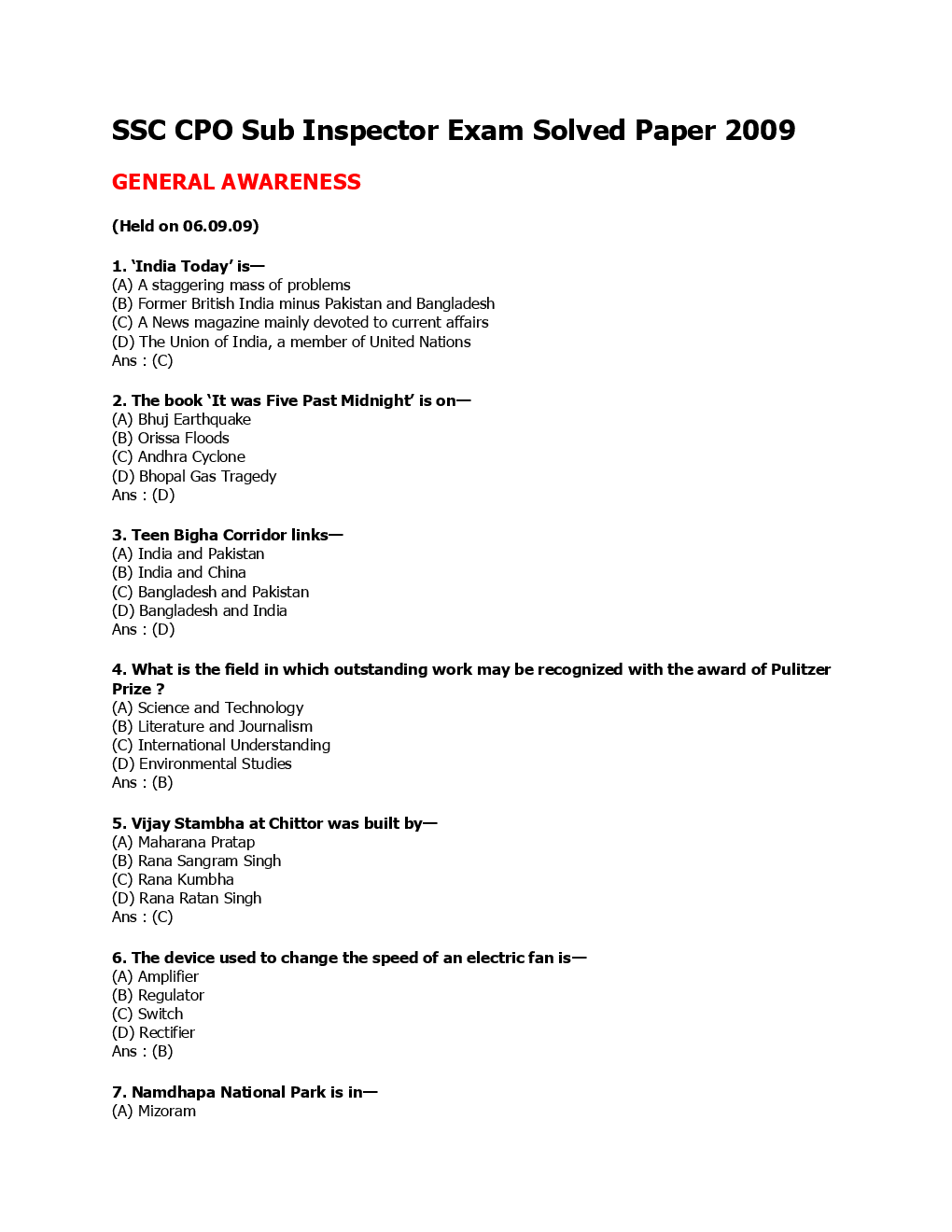 SSC SI (General Awareness) Solved Paper 2009 - Page 2