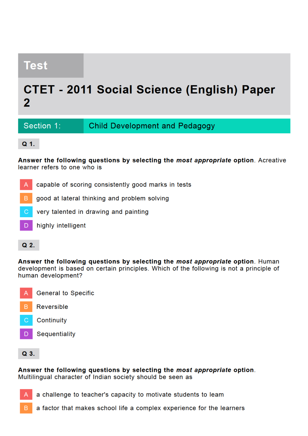 CTET Social Science Previous Year Paper With Answer Paper-2 2011 - Page 2