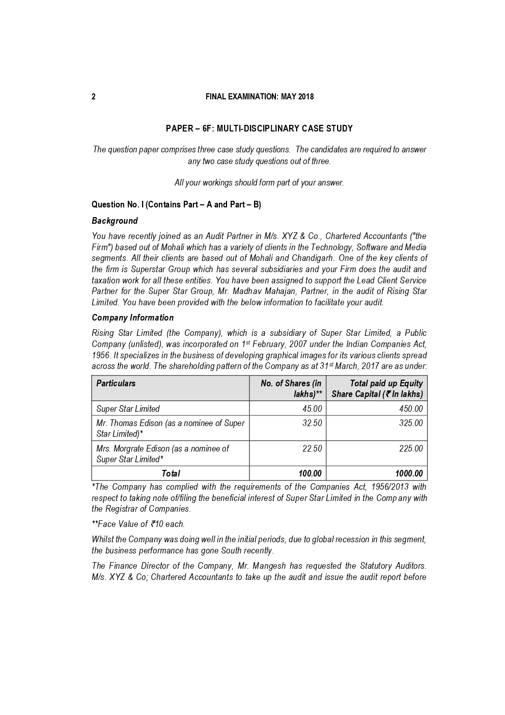 CA Final Multi-disciplinary Case Study Previous Year Question Paper With Answer May 2018 - Page 2