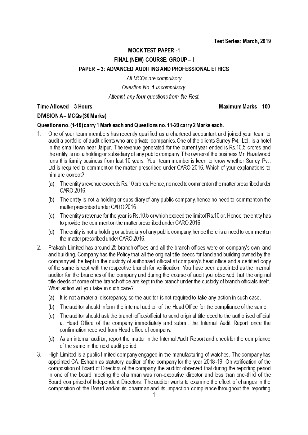 CA Final Advanced Auditing And Professional Ethics Mock Test Paper March 2019 - Page 2