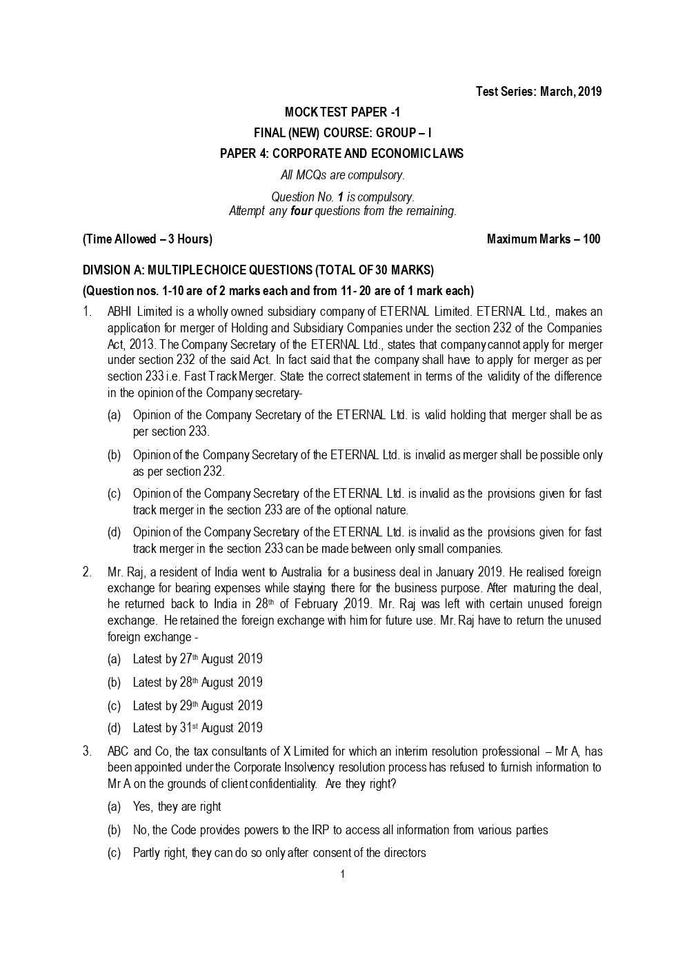 CA Final Corporate And Economic Laws Mock Test Paper March 2019 - Page 2