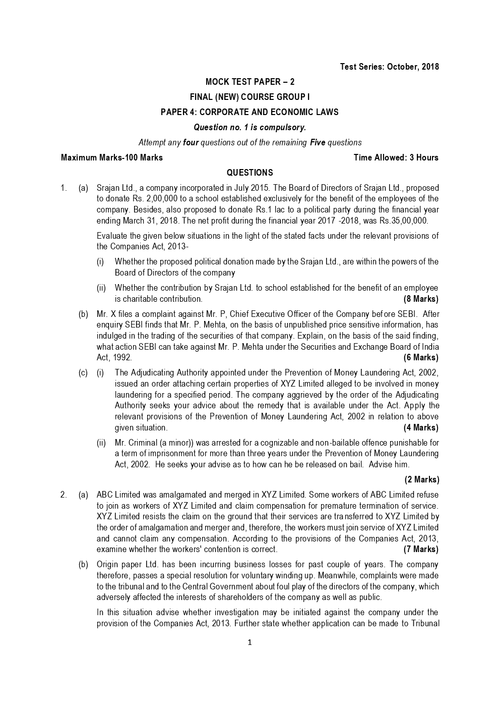 CA Final Corporate And Economic Laws Mock Test Paper October 2018 - Page 2