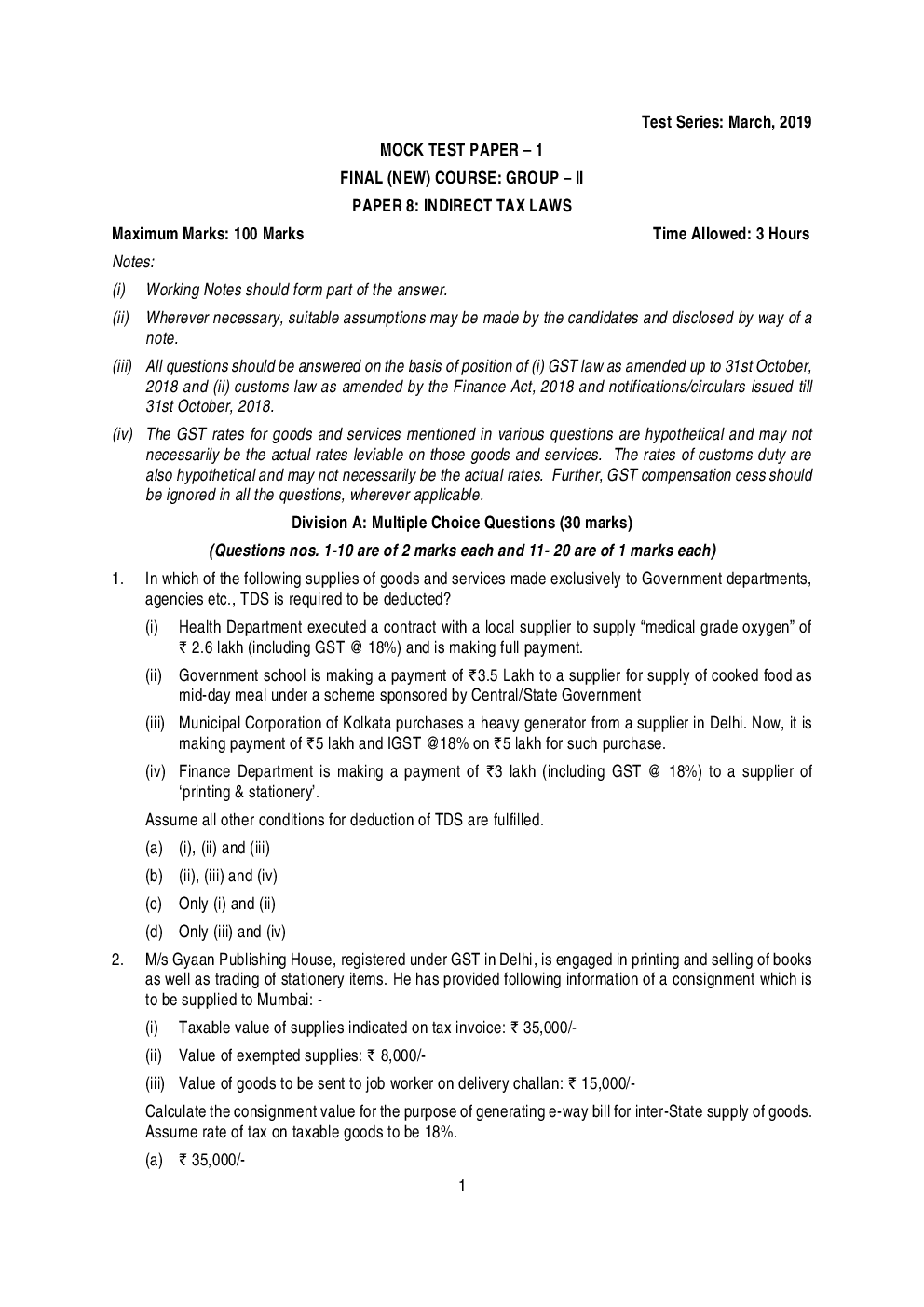 CA Final Indirect Tax Laws Mock Test Paper March 2019 - Page 2