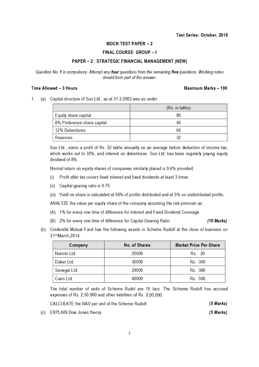 CA Final Strategic Financial Management Mock Test Paper October 2018 - Page 2
