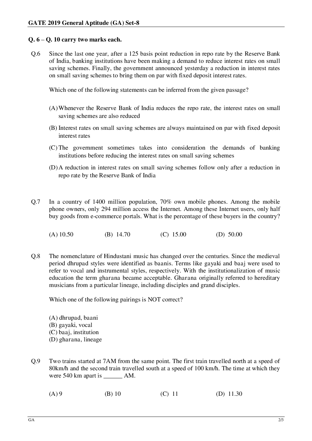GATE Question Paper With Answer Key For Biotechnology 2019 - Page 3