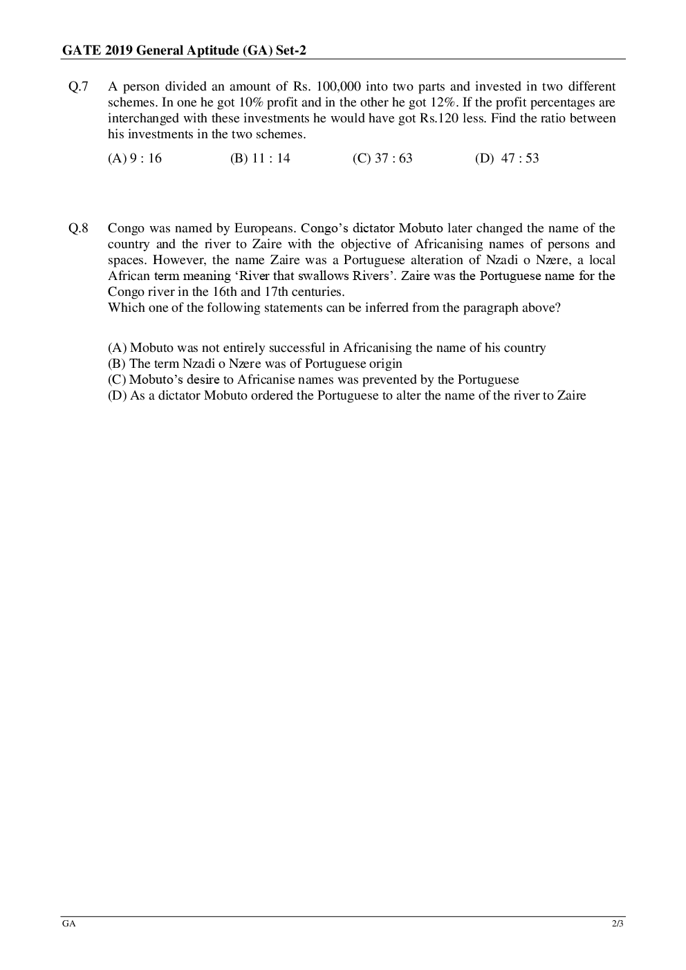 GATE Question Paper With Answer Key For Chemistry 2019 - Page 3