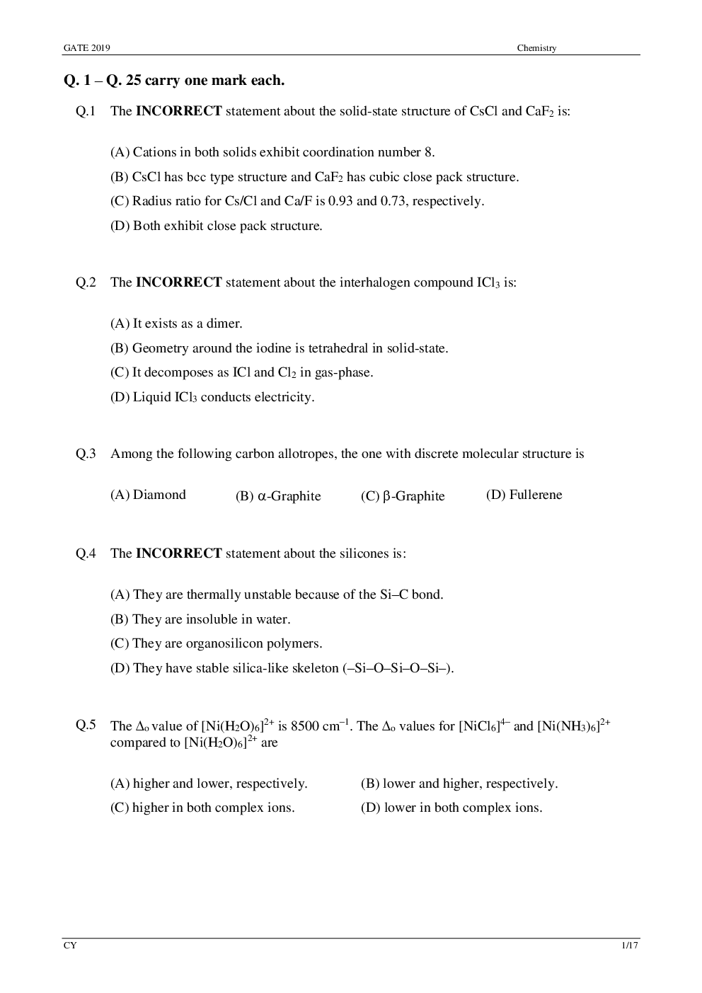 GATE Question Paper With Answer Key For Chemistry 2019 - Page 5