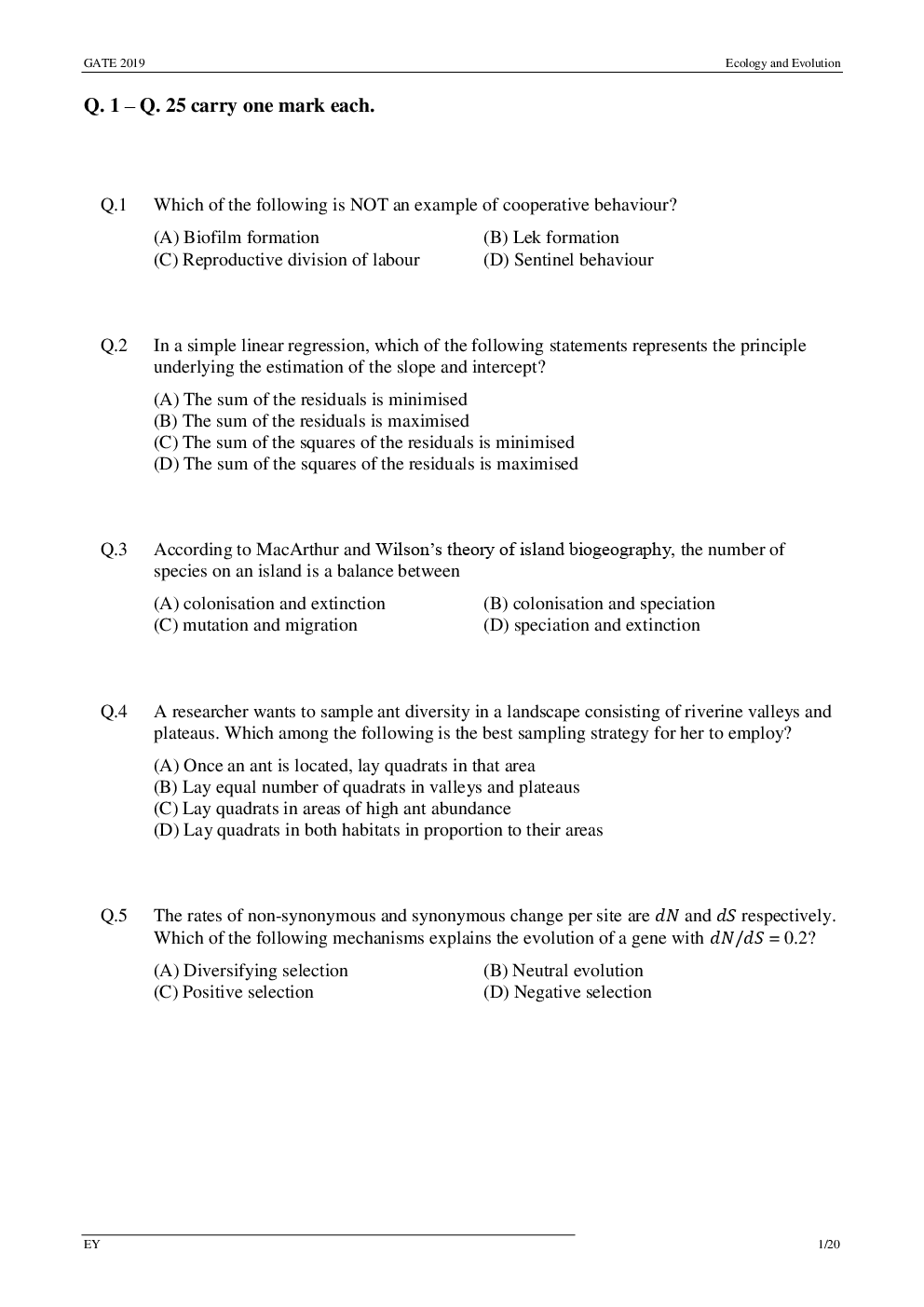 GATE Question Paper With Answer Key For Ecology Evolution 2019 - Page 5