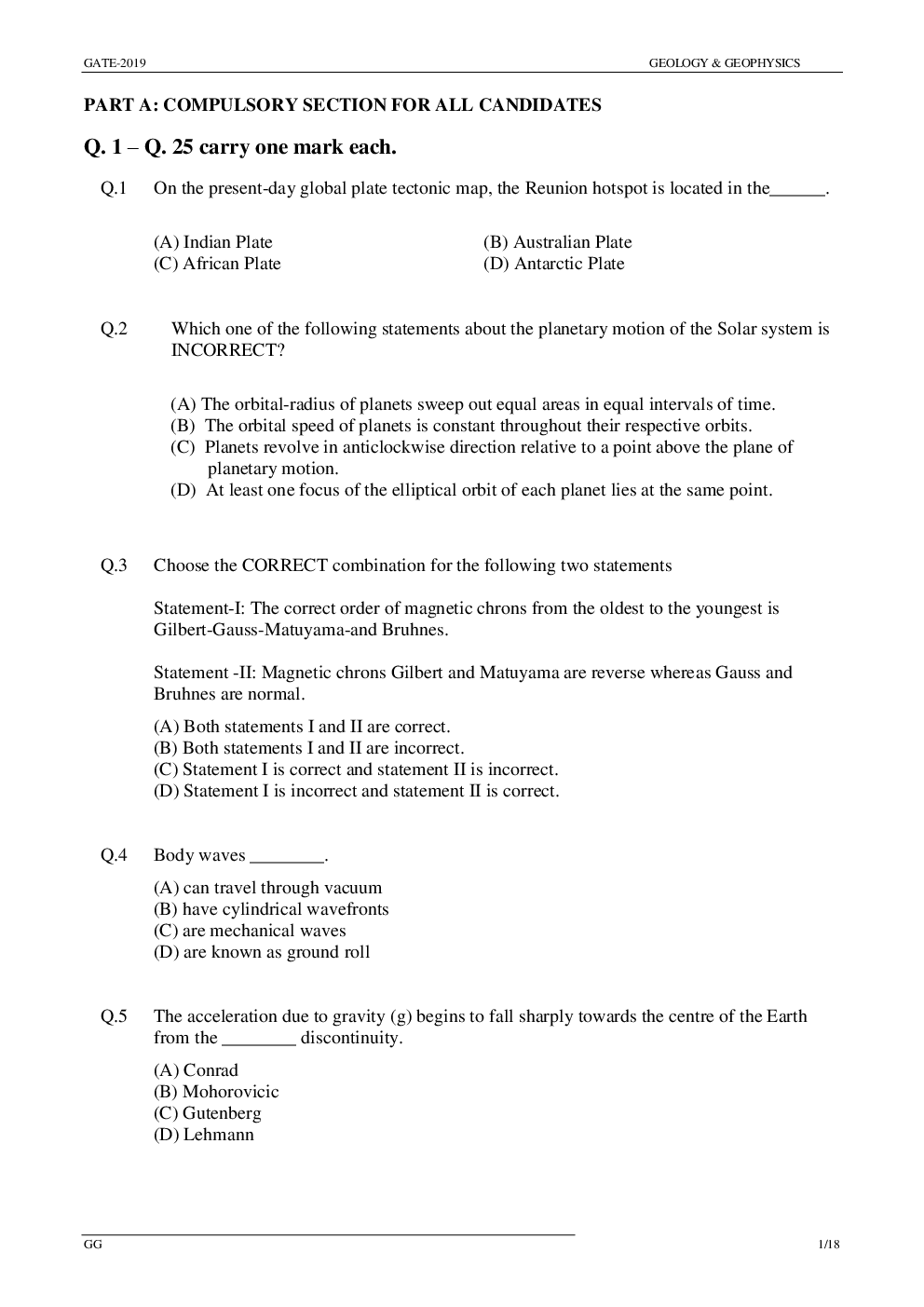 GATE Question Paper With Answer Key For Geology Geophysics 2019 - Page 5