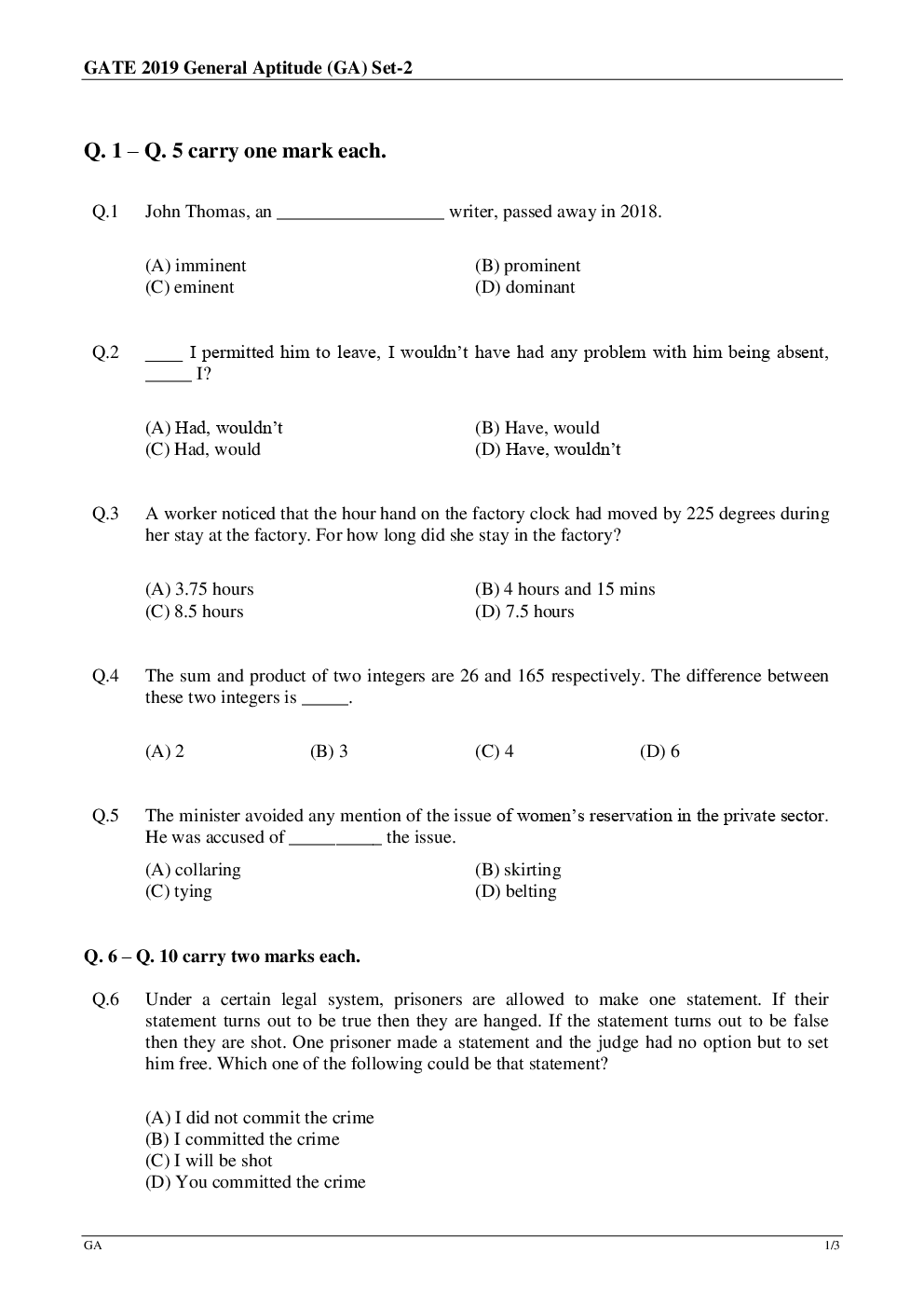 GATE Question Paper With Answer Key For Mining Engineering 2019 - Page 2