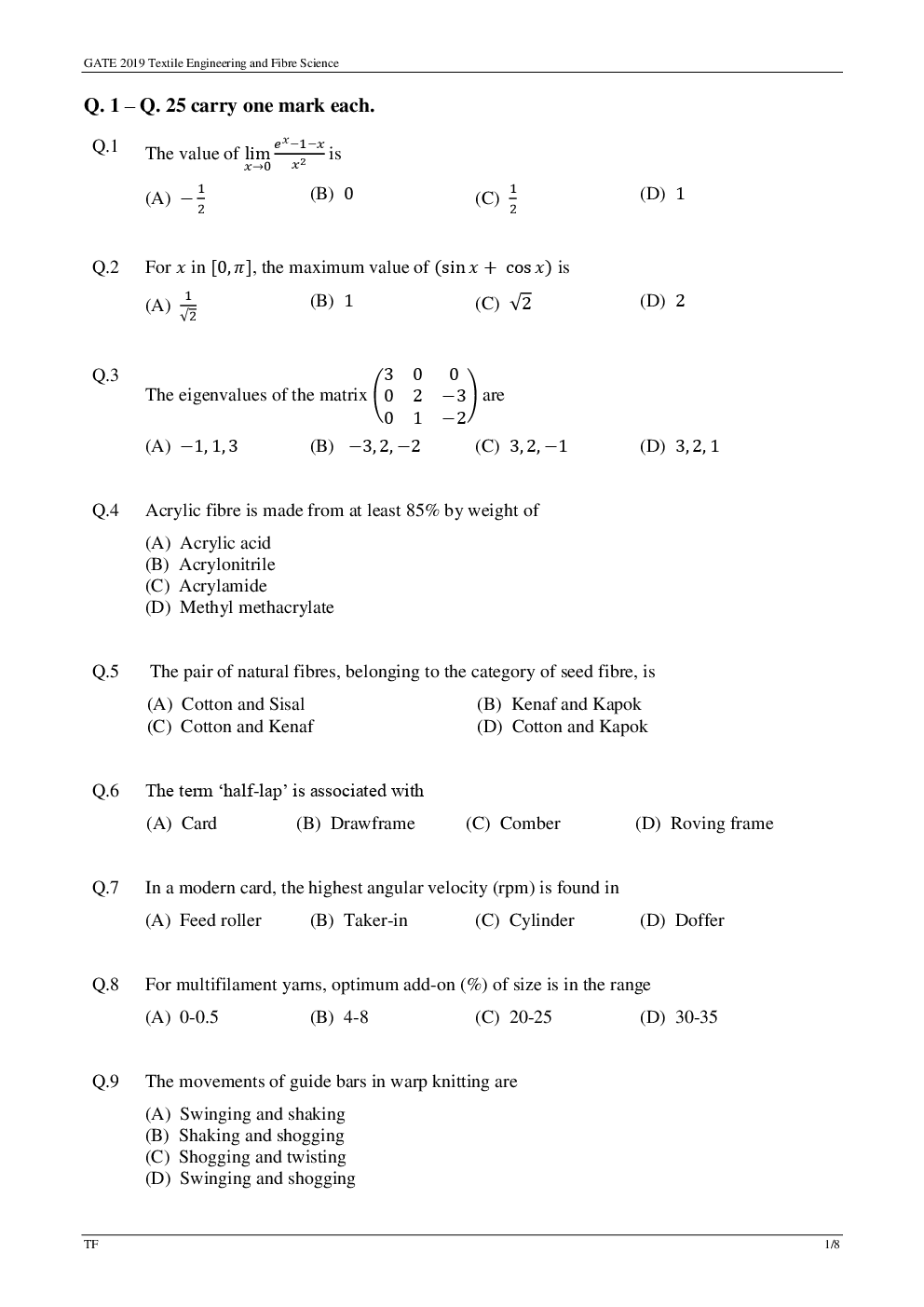 GATE Question Paper With Answer Key For Textile Engineering Fibre Science 2019 - Page 5