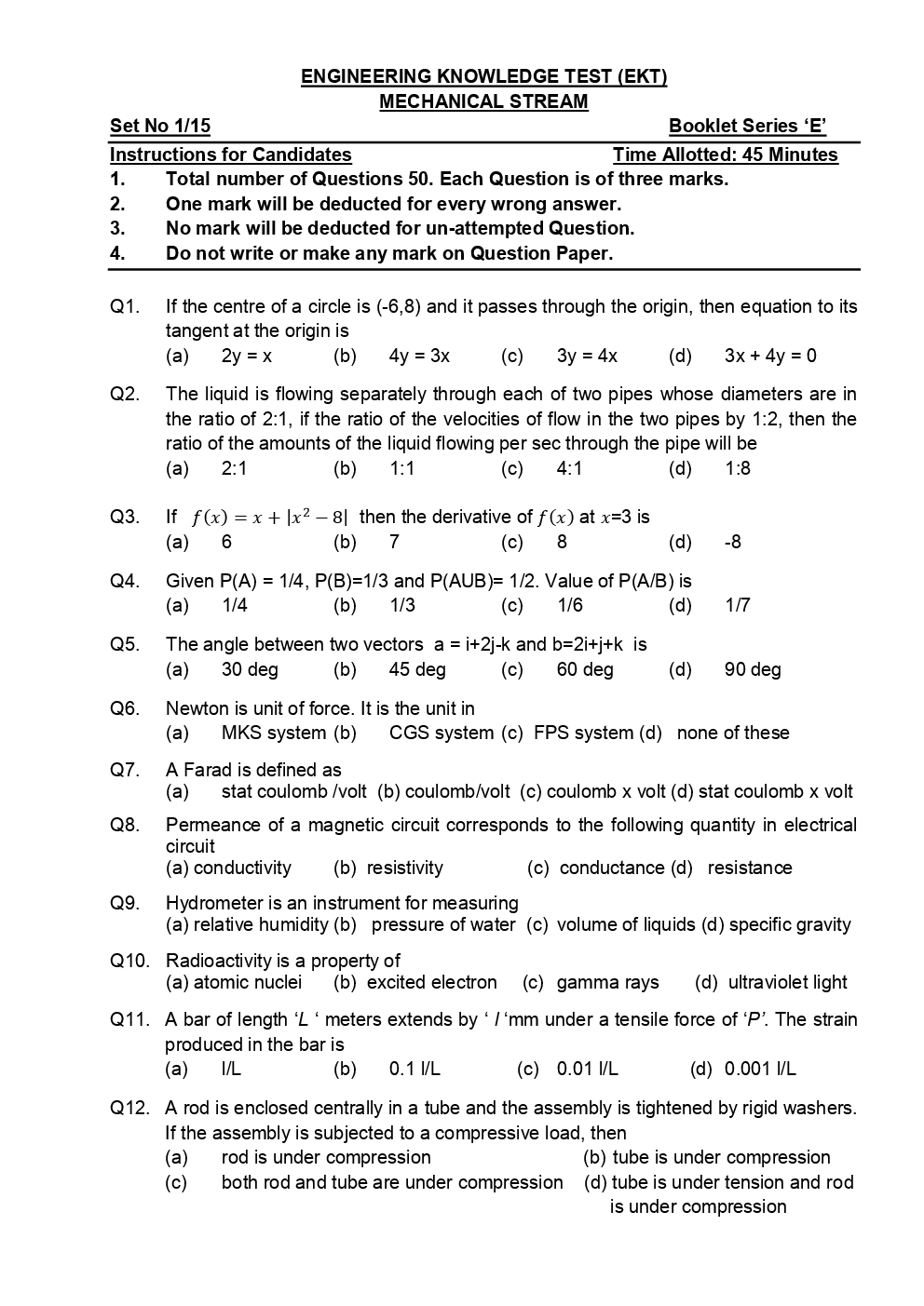 EKT Mechanical Stream Question Paper With Answer Paper-1 - Page 2