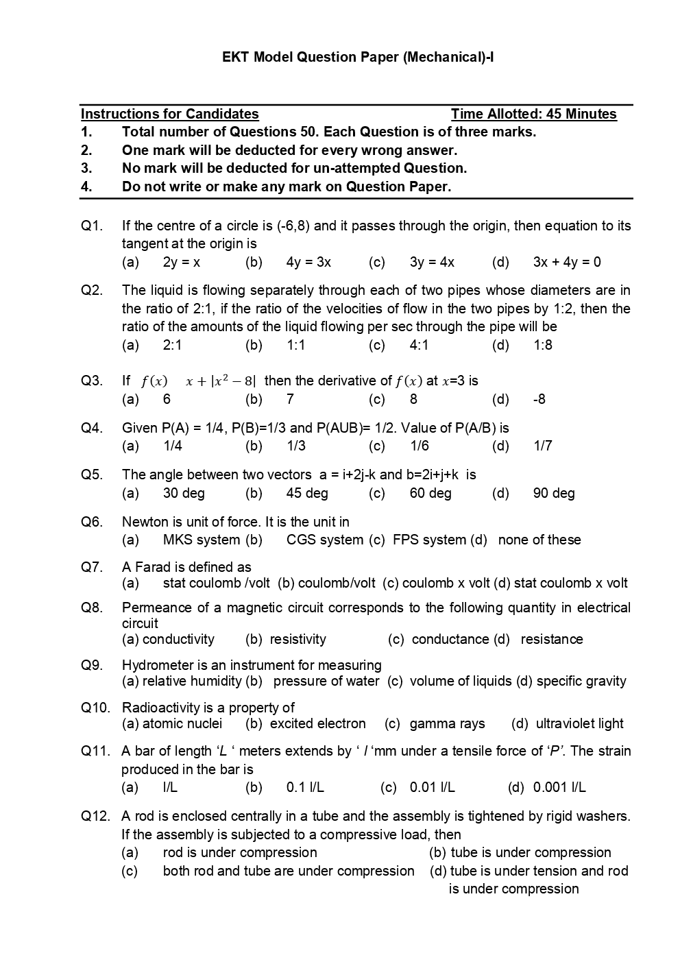 EKT Mechanical Stream Question Paper With Answer Paper-2 - Page 2