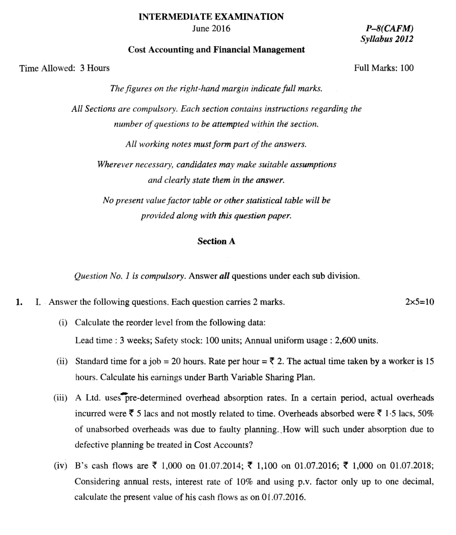 CMA Intermediate Group I Syllabus-2012 (Cost Accounting And Financial Management Paper-08 Question Paper With Solution)-June 2016 - Page 2