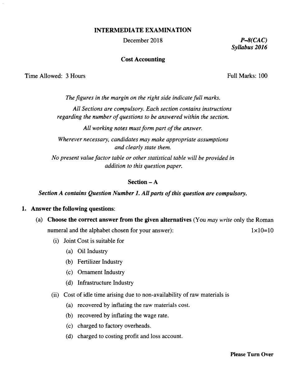 CMA Intermediate Group I Syllabus-2016 (Cost Accounting Paper- 08 Question Paper With Solution)-December 2018 - Page 2