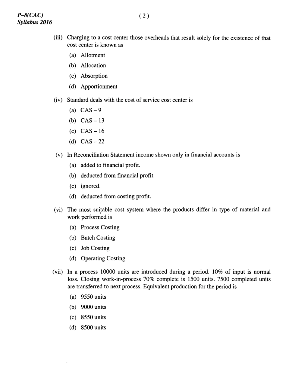CMA Intermediate Group I Syllabus-2016 (Cost Accounting Paper- 08 Question Paper With Solution)-December 2018 - Page 3