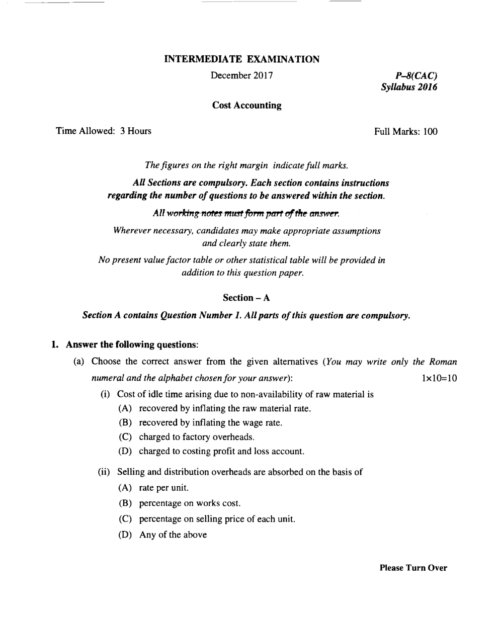 CMA Intermediate Group I Syllabus-2016 (Cost Accounting Paper-08 Question Paper With Solution)-December 2017 - Page 2
