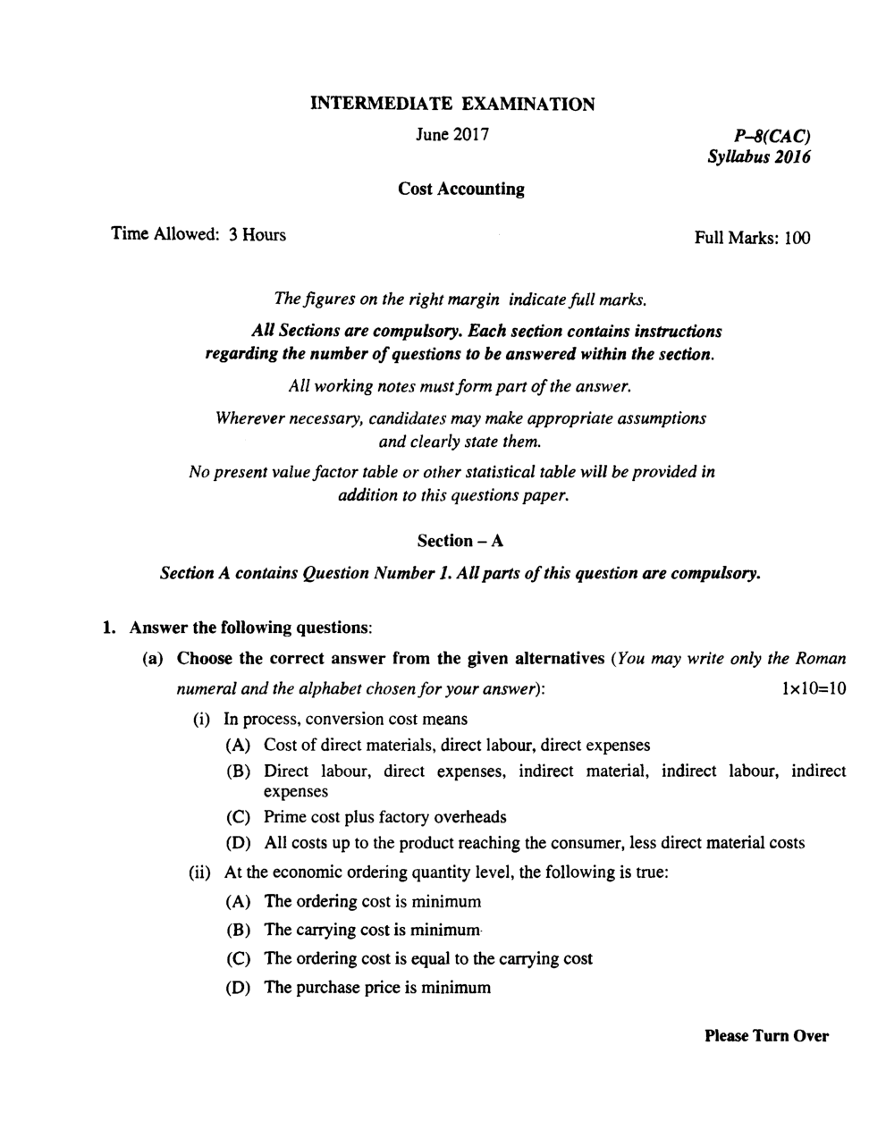 CMA Intermediate Group II Syllabus-2016 (Cost Accounting Paper- 08 Question Paper With Solution)-June 2017 - Page 2