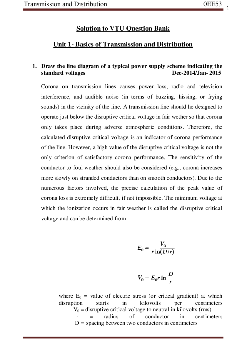 Download VTU B.E. EEE 5th Sem Transmission And Distribution Question