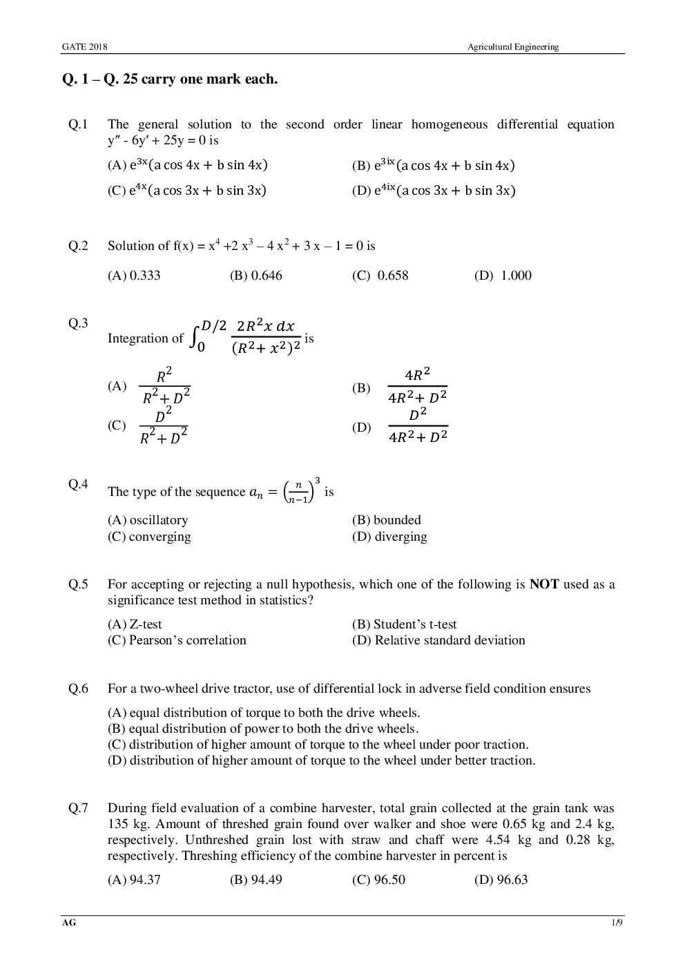 GATE Previous Year Question Papers 2014-2018 With Answer Agricultural Engineering - Page 4