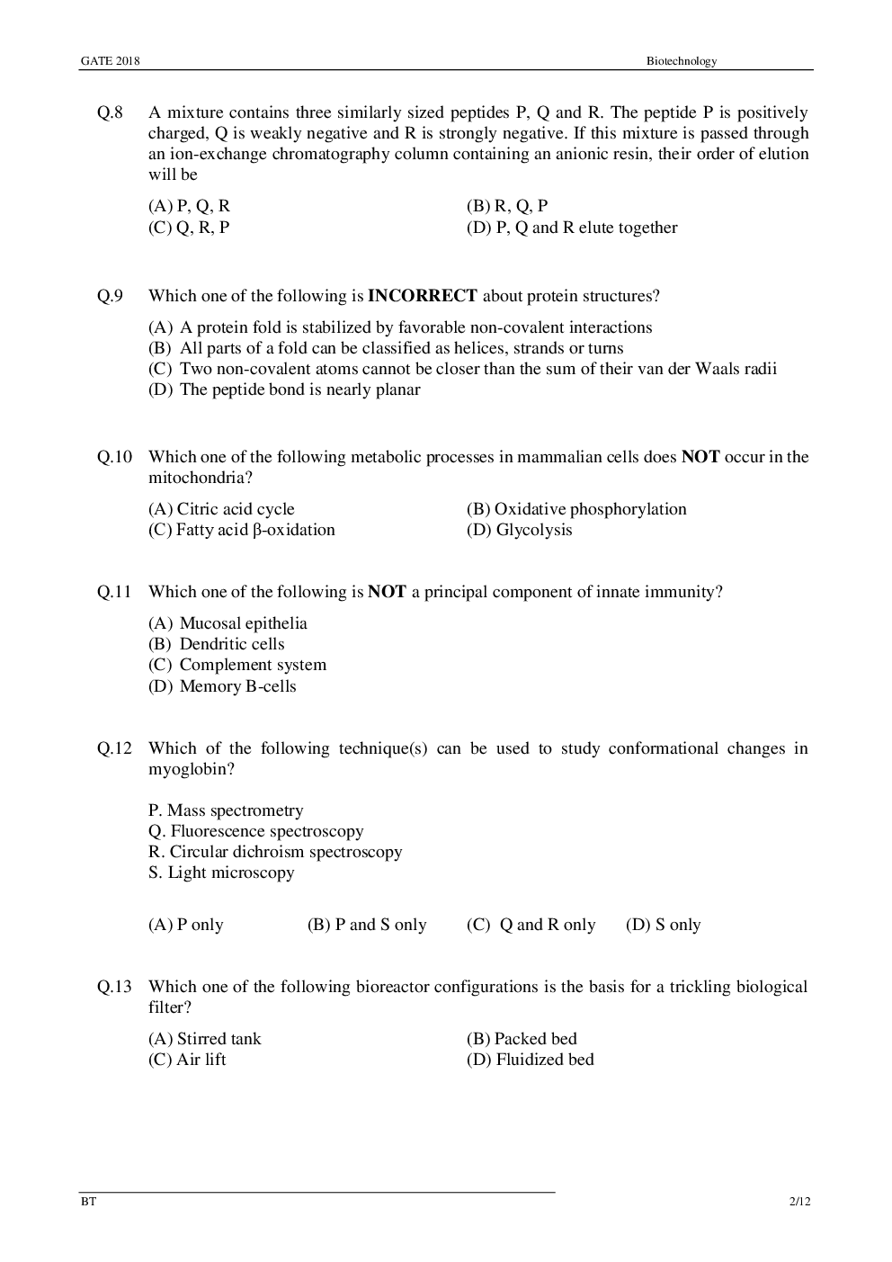 GATE Previous Year Question Papers 2014-2018 With Answer Biotechnology - Page 5